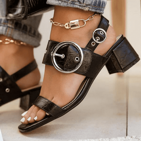 

Women‘s Chunky Heeled Sandals Solid Color Open Toe Metal Buckled Square Toe Comfy Sandals Women‘s Fashion Footwear