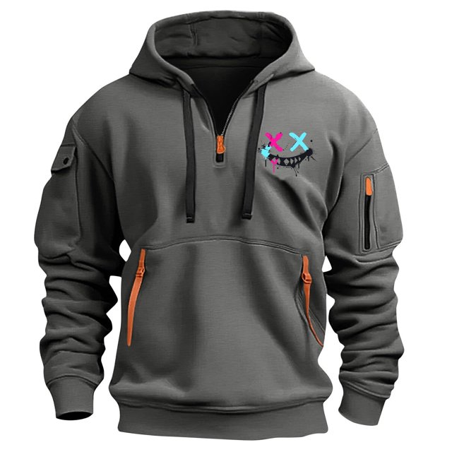 Styesk Sweatshirts for Men Men's Spring And Fall Printed Hooded Sweatshirt Zipper Multi-Pocket Pullover Sweatshirt