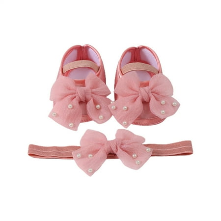 Awevudst Baby Girls Baptism Shoes and Headband Pearl Bow Flats and Hairband