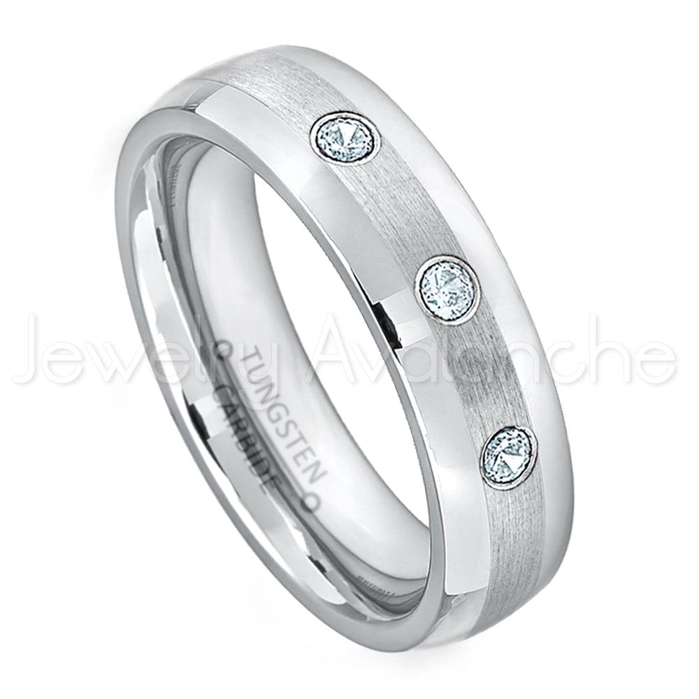 Comfort Fit Tungsten Carbide Ring Tungsten Wedding Ring 8mm Black Tungsten Ring March Birthstone Ring 0.21ctw Aquamarine & Diamond 3-Stone WeddingBand 