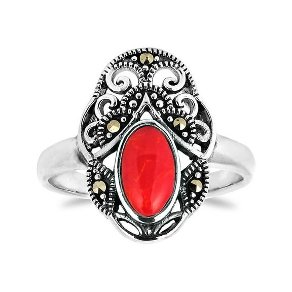 Vintage Royal Swirl Oval Red Coral Marcasite Sterling Silver Ring for Female Anniversary Size-6