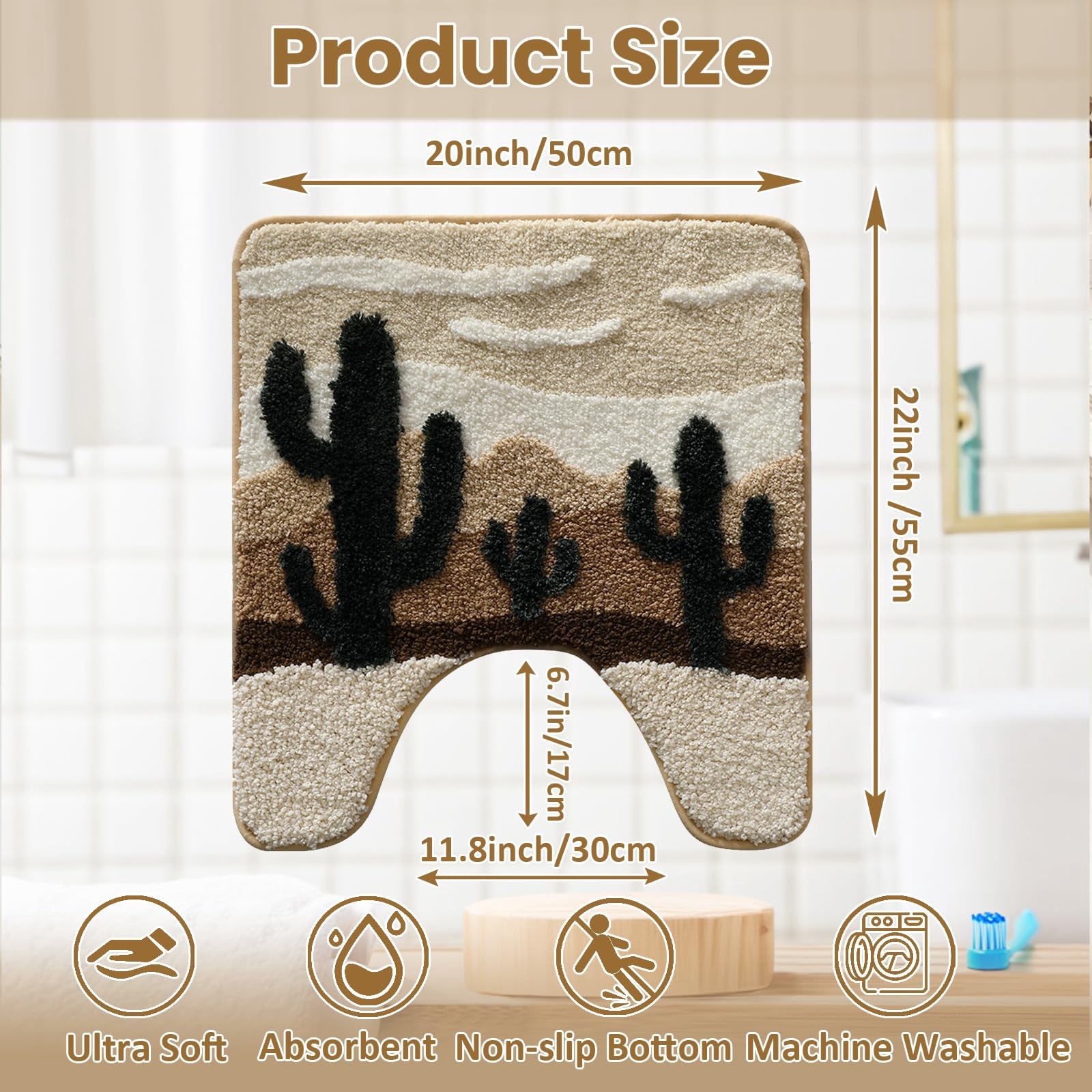U-Shaped Non-Slip Toilet Mat for Bathroom, 22x20 Inch Desert Cactus Design Bath Rug with Soft Absorbent Microfiber, Machine Washable Beige Brown Floor Mat for Toilet Base