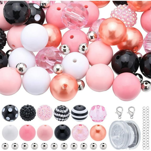 106Pcs Bubblegum Bead Kit Chunky Beads Large Hole Gum Beads 20mm Acrylic Beads Bulk Rhinestone Bead Pink Black Spacer Beads for DIY Jewelry Making Bracelet Necklace Pen Craft Supplies