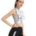 thumbnail image 3 of SWSMCLT Women's Metallic Shirt Soft Stretch Workout Crop Tank Top High Neck Fitted Fashion Dance Halter Sleeveless Cropped Top Silver Small, 3 of 4