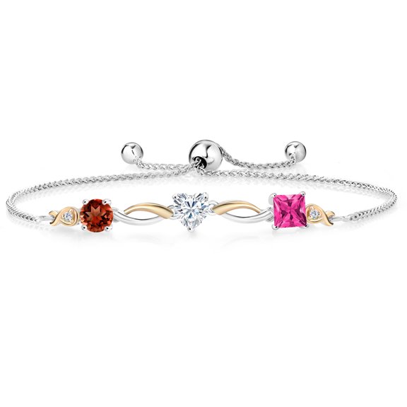 925 Silver and 10K Yellow Gold Red Garnet Near Colorless White Moissanite Pink Mystic Topaz and Lab Grown Diamond Tennis Bracelet for Women By Keren Hanan (2.60 cttw, Adjustable up To 9 inch)