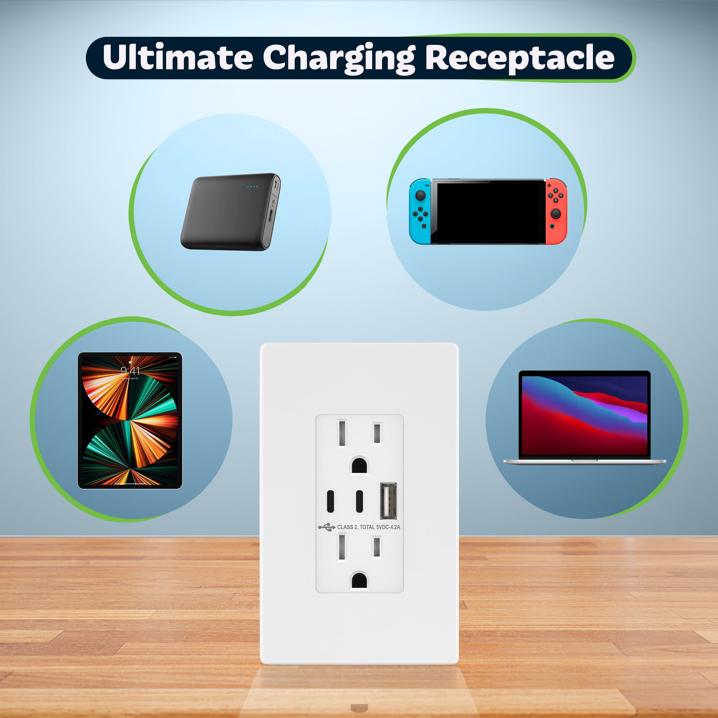 TOPGREENER 4.2A 21W 3-Port Type C USB Outlet, 15 Amp Receptacle Plug, Charging Power Outlet with Dual Type C&A Ports, Screwless Wall Plate Included, UL Listed, TU21542AC2-WSID, White