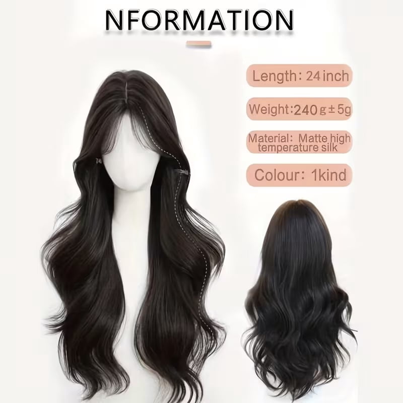 24-inch 240g heat-resistant synthetic wig medium-length wavy bangs black brown elegant women's daily wear wig