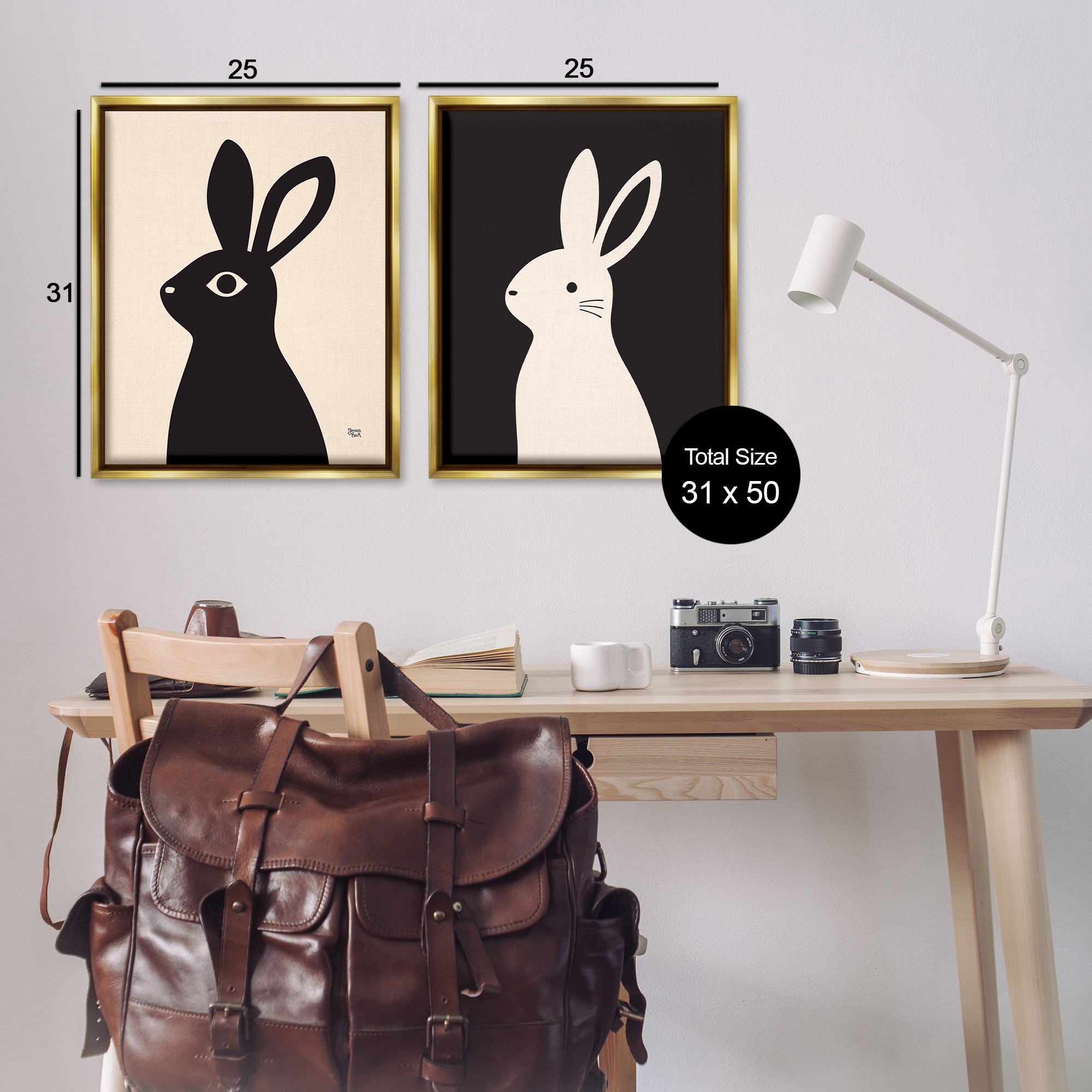 Stupell Industries Cream & Black Rabbits Animals Painting Gold Floater Framed Canvas Art Print Wall Art, 31 x 25, Set of 2