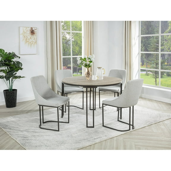 5pc Modern Contemporary Dining Set: Round Woodgrain Table (45"RD) with Sturdy Metal Frame & 4 Curved Gray/Brown Fabric Chairs for Dining Room, Seats 4