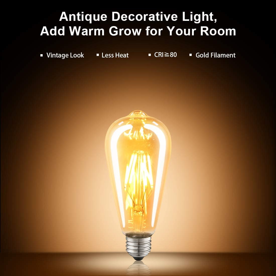 LED Edison Bulbs Dimmable Amber Warm 2700K Antique Vintage Style Filament Light Bulbs 40W Equivalent E26 Base 6-Pack by LUXON