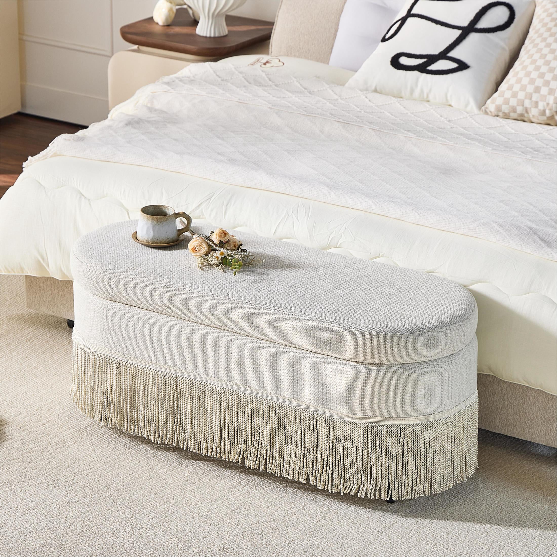 Noble House Ciara 39" Oval Upholstered Storage Ottoman, Lift Top Bench with Boho Fringe Trim, Multi-Functional Footrest, Beige