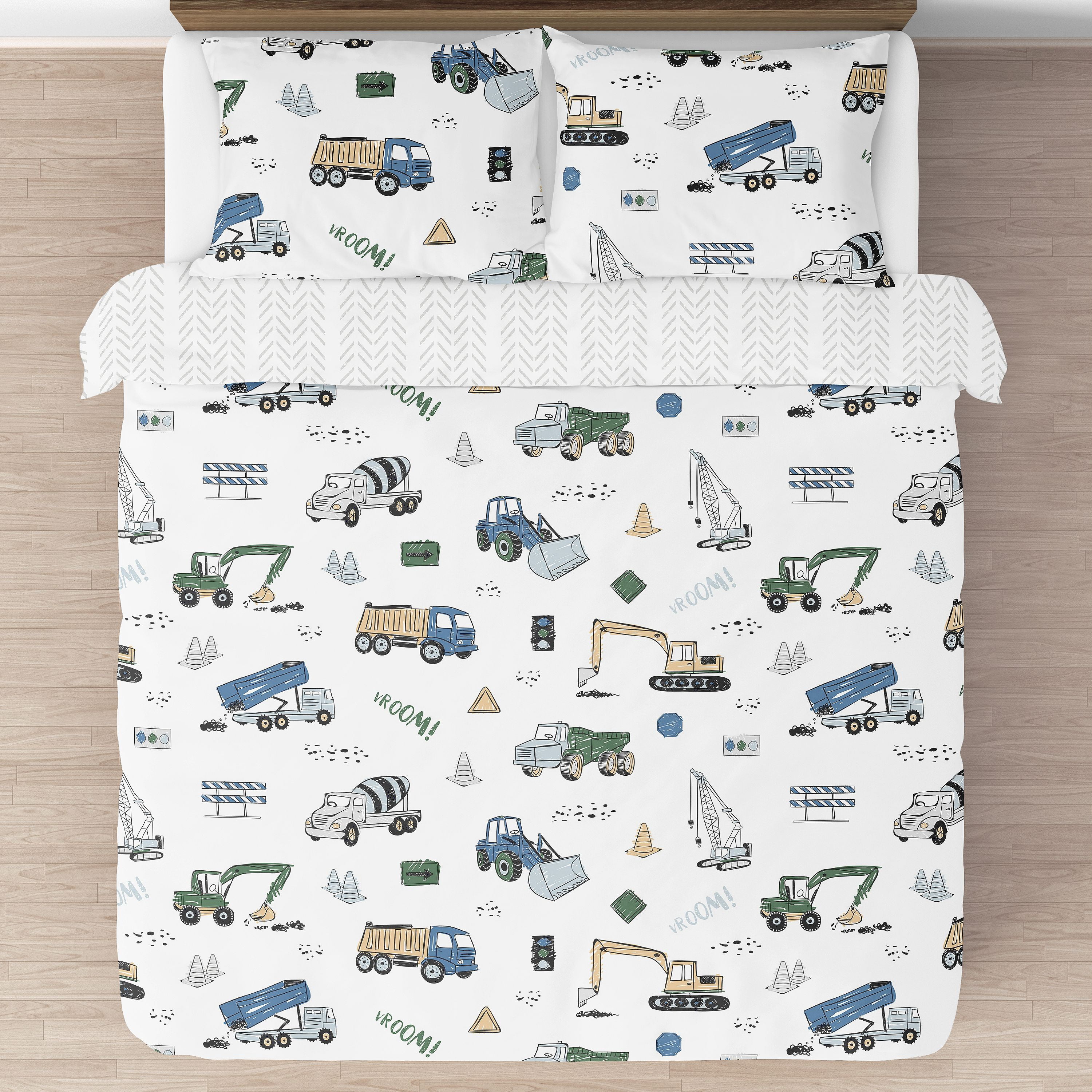 Sweet Jojo Designs Construction Truck Green Blue and Grey Full/Queen Bed Comforter 3 Piece Bedding Set - 3 Piece