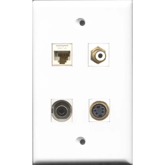 RiteAV 1 Port RCA White and 1 Port S-Video and 1 Port 3.5mm and 1 Port Cat6 Ethernet White Wall Plate