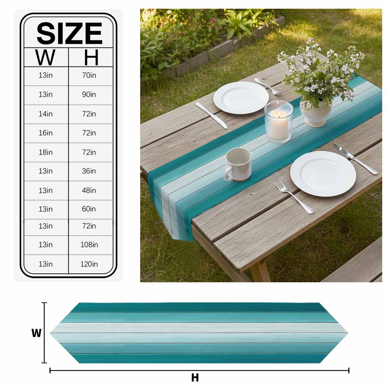 Aqua Ombre Table Runner Linen Burlap Table Runner 90 Inches Long Vintage Country Wooden Dresser Scarves for Kitchen Island Coffee Dining Room Party Wedding Banquet Holiday Decoration 13"x90"