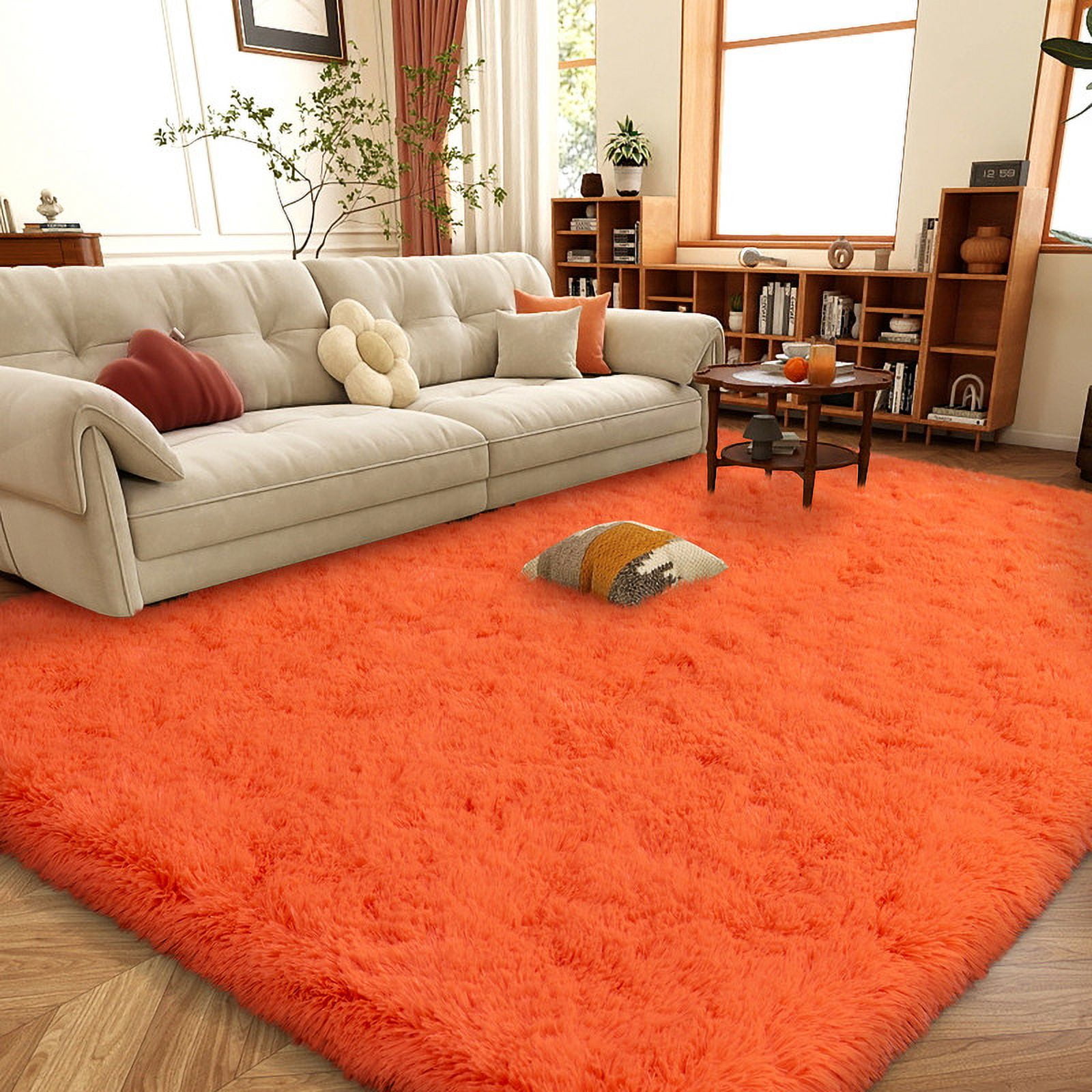 SARAG Indoor Outdoor Rugs 4x6ft Area Rugs For Living Room, Large Fluffy Black Rugs For Bedroom, Soft Carpet Shag Kids Room Rug, Non-Slip Stickers Rugs Indoor Orange