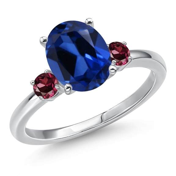 Gem Stone King 14K White Gold Blue Created Sapphire and Red Rhodolite Garnet Engagement Ring for Women | 3.54 Cttw | Oval 10X8MM | Gemstone September Birthstone | Size 5