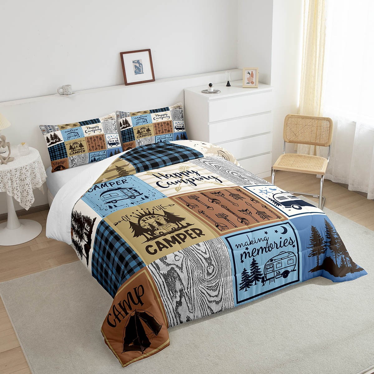 Happy Camping Bedding Set King Rv Camper Comforter Set For Travel Trailers Bunks,Patchwork Rustic Buffalo Plaid Pine Trees Camper Car Decor Quilt Rv Accessories For Inside Duvet 3 Pcs