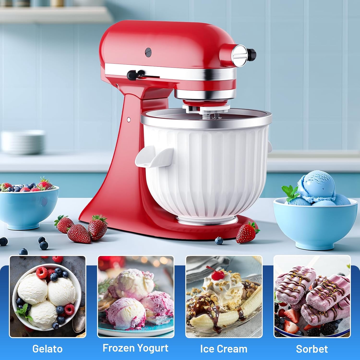 Ice Cream Maker Attachment for Kitchenaid Stand Mixers, Ice Cream Maker Machine Compatible with 4.5QT and Larger KitchenAid Mixers, 2-Quart Capacity, Sorbet and Gelato Maker Accessory