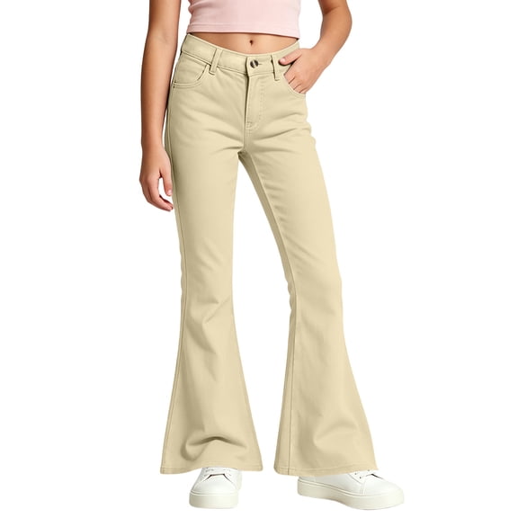 dazeni Girls Flare School Uniform Pants High Waisted Bell Bottoms Pull on Chino Bootcut Trousers with Pockets Kids Preppy Clothes Beige 11-12 Years