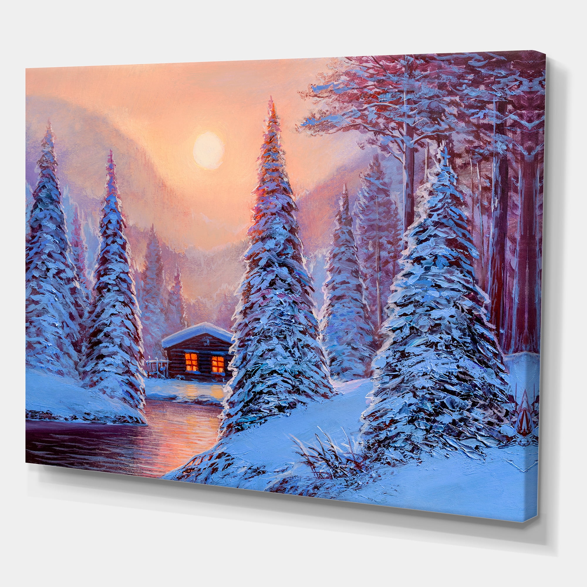 Designart ' The River House In The Woods and Winter Landscape I ' Lake House Canvas Wall Art Print