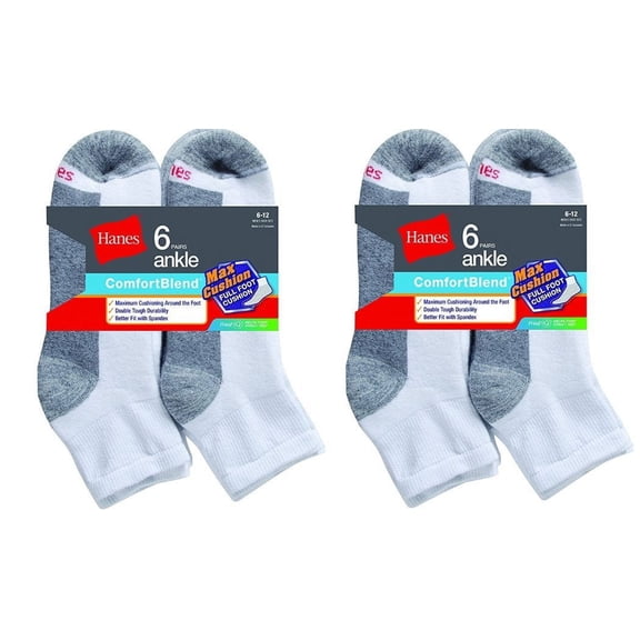 Hanes Mens Comfortblend Max Cushion 12-Pack White Ankle Socks