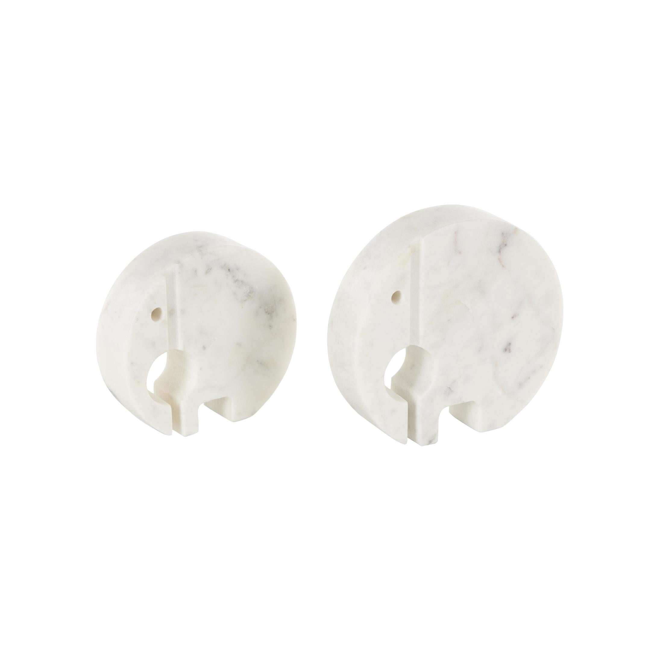 6", 5"H White Marble Circular Abstract Elephant Sculpture with Gray Marble Veins and Cutouts, by DecMode (2 Count)