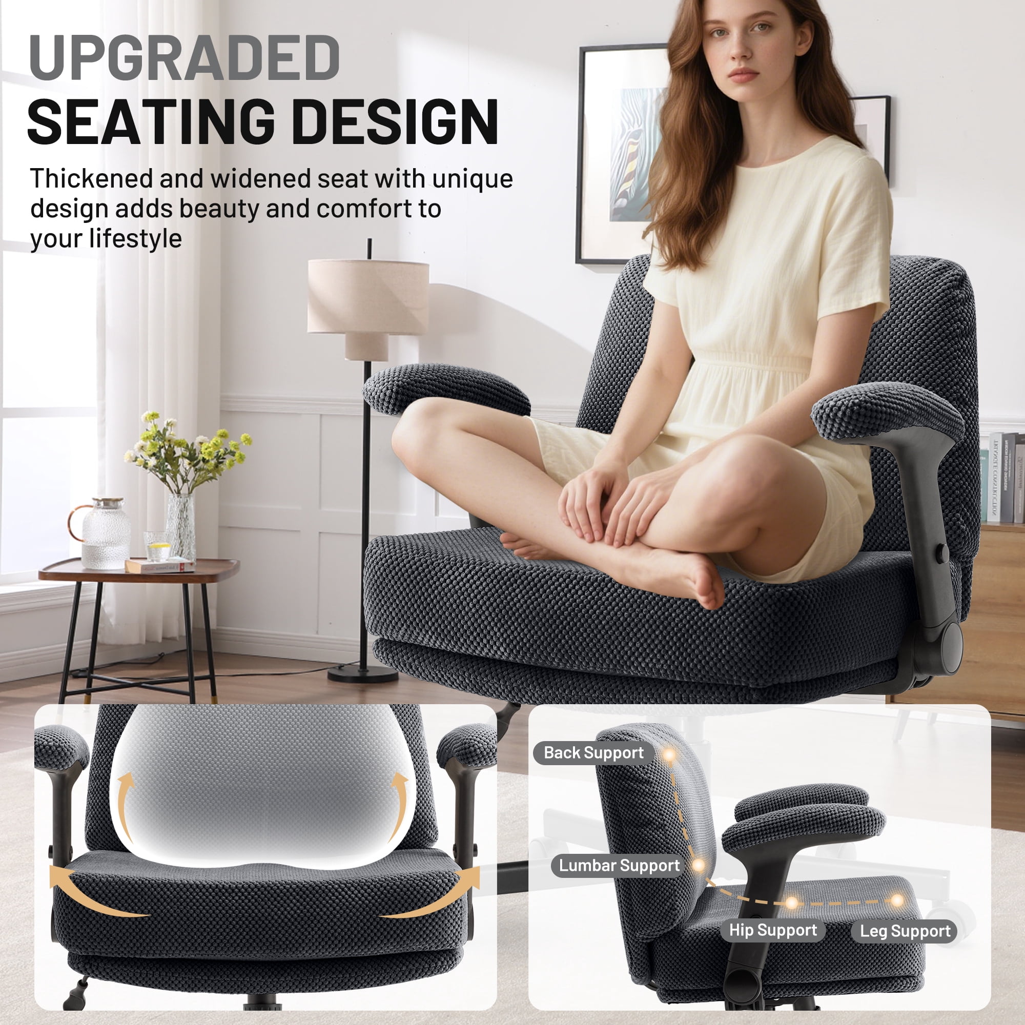 Criss Cross Chair with Flip-up Armrests, Wide Cross Legged Office Chair, Fabric Ergonomic Desk Chair with Wheels, Lumbar Support, Swivel Vanity Chair for Home Office, Bedroom, Study
