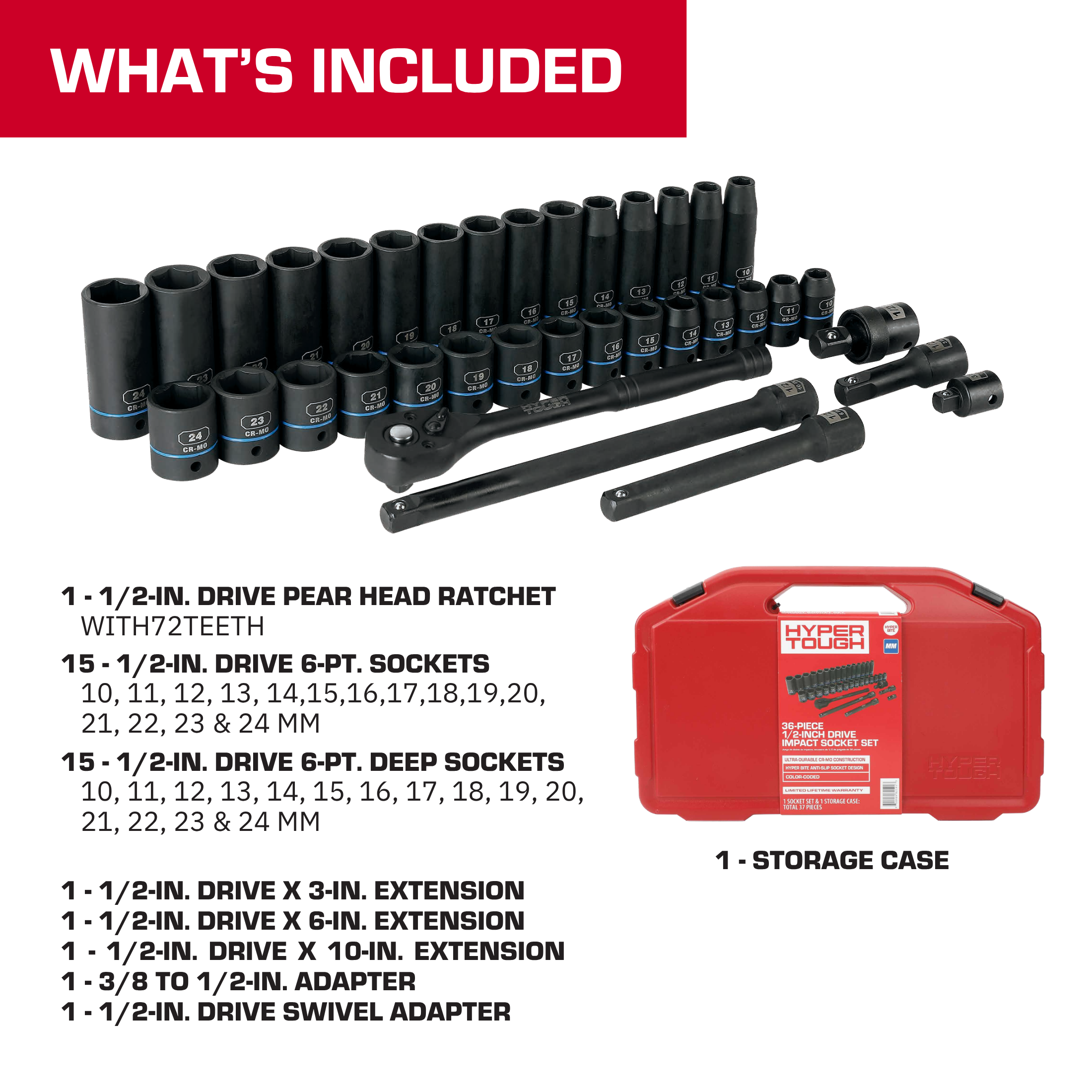 Hyper Tough 36-Piece 1/2-Inch Drive Metric Impact Socket Set photo 2