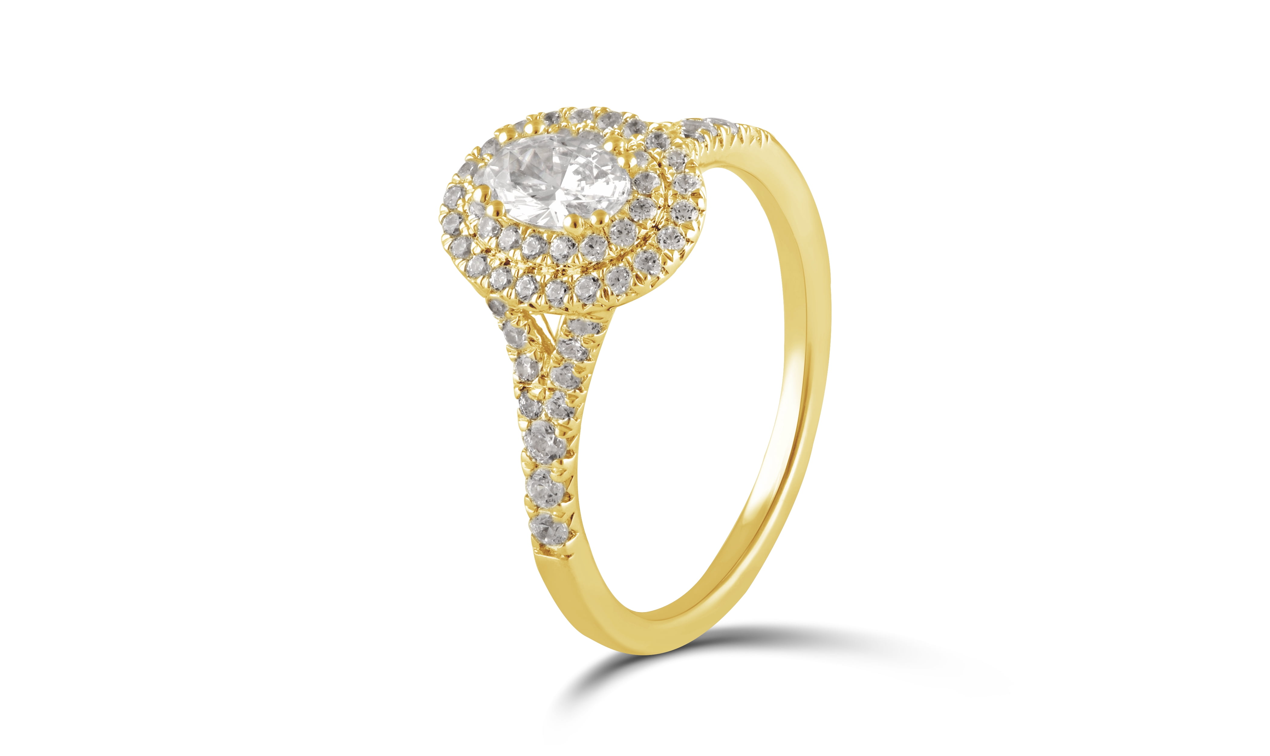 Arista 1 ct Oval Swarovski Diamonds Double Halo Engagement Ring in Yellow Plated Sterling Silver
