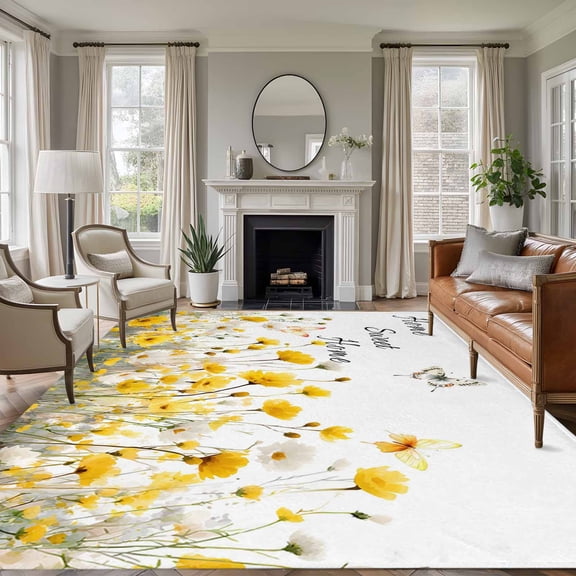 Large Area Rugs for Living Room Bedroom, Spring Yellow Floral 8'x10' Rug Washable Carpet Runner Indoor Outdoor, Farmhouse Country Flower Butterflies Non Slip Floor Mats Rug for Kitchen, Patio