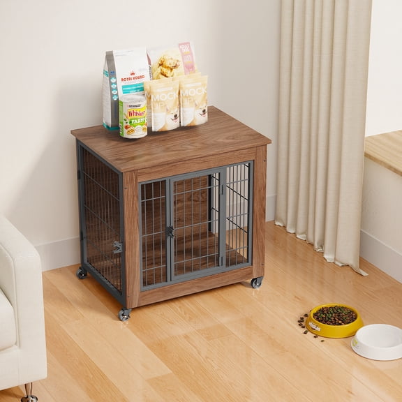 27.2" Furniture Style Dog Crate with Wheels, Heavy Duty Indoor Dog Kennel for Small Dogs, Wooden Pet Cage End Table with Double Doors, Secure Metal Dog House with Locking Doors for Anxiety Dogs