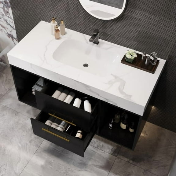 Floating Bathroom Vanity with Ceramic Sink, 39.4 Inch Wall Mount Vanity with 2 Soft Close Drawers, White Slate Top and Walnut Cabinet for Bathroom, White and Black