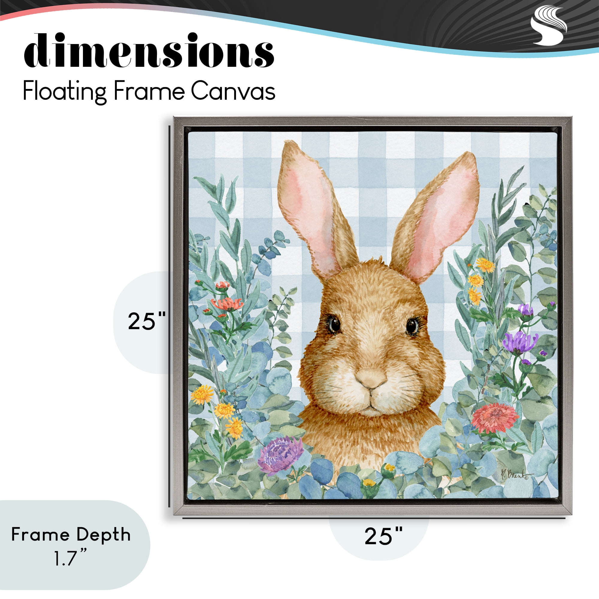Stupell Industries Rabbit Laurel on Gingham Gray Framed Floater Canvas Wall Art, design by Paul Brent