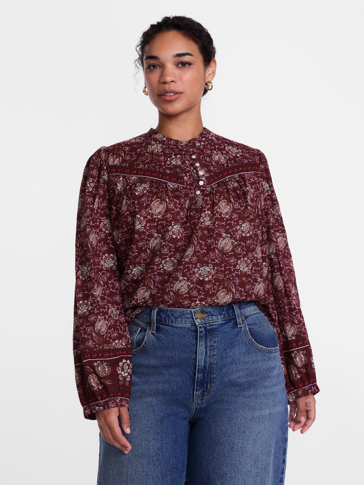 Scenario Women's and Women's Plus Quilted Detail Long Sleeve Top, Sizes XS-4X