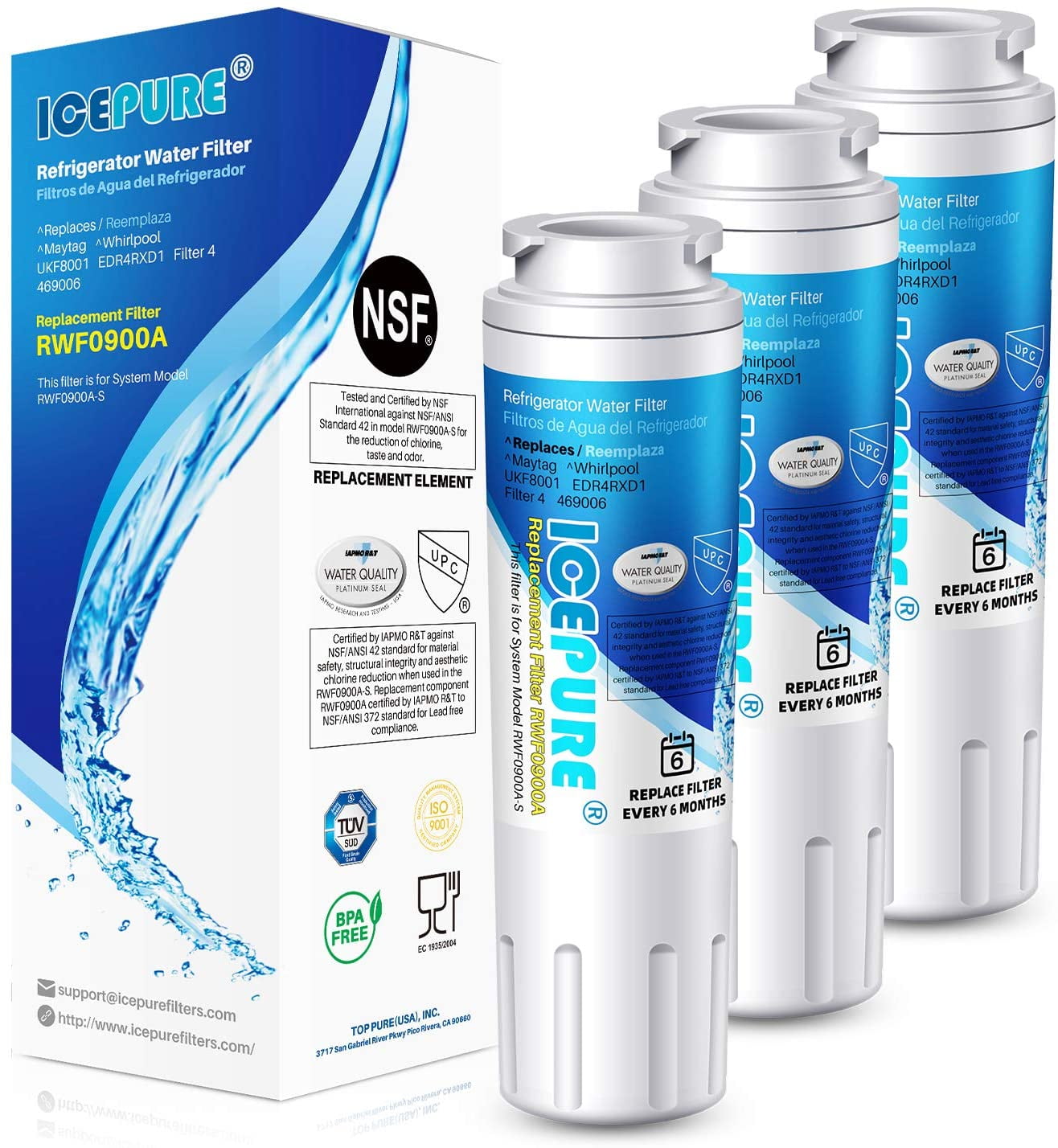 Refrigerator Water Filter 3Pk Fits UKF8001 RFC0900A UKF8001P 4396395 UKF8001AXX 