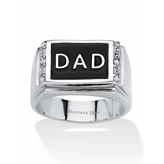 PalmBeach Jewelry Men's Round Crystal "Dad" Ring in Stainless Steel & Black Enamel