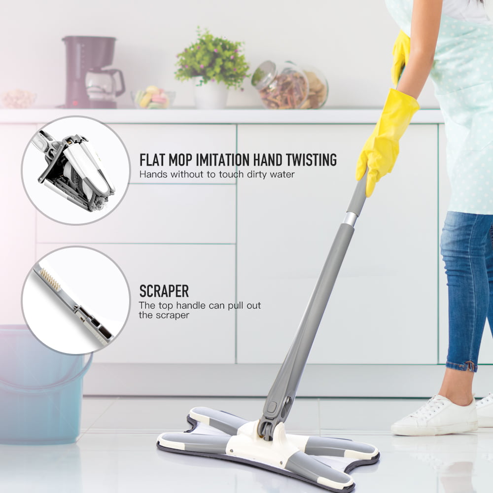 Hardwood Tile 1 Mop 1 Dirt Removal Scraper Laminate Floor & Wall & Windows Cleaning Professional Microfiber Flat Mop Extendable Handle Dry & Wet Dust Mopping 