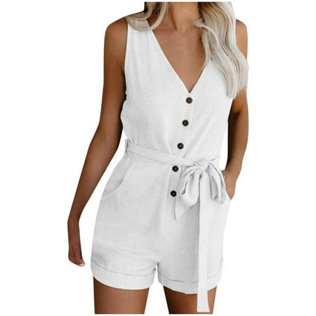 Edvintorg Trendy Women s Summer Casual Shorts Jumpsuit Plain V Neck Button Down Sleeveless Tank Top Rompers with Pockets