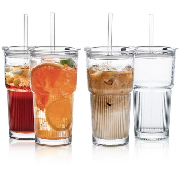 JSJ 20oz Clear Glass Drinking Glasses, Set of 4 - Airtight Ribbed Design
