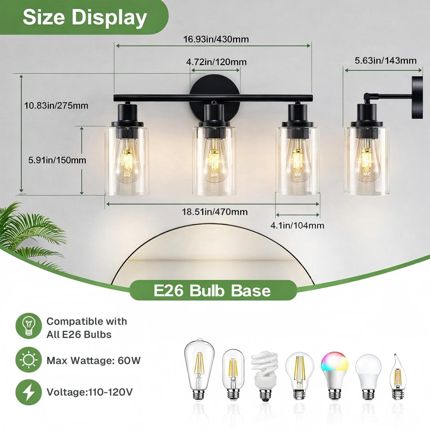 Behome 3-Light Bathroom Light Fixtures, 16.93" Black Modern Vanity Lights with Clear Glass Shade, Bathroom Wall Lamp for Mirror Kitchen Living Room Hallway Cabinet Porch, E26 Base, Bulbs Not Included
