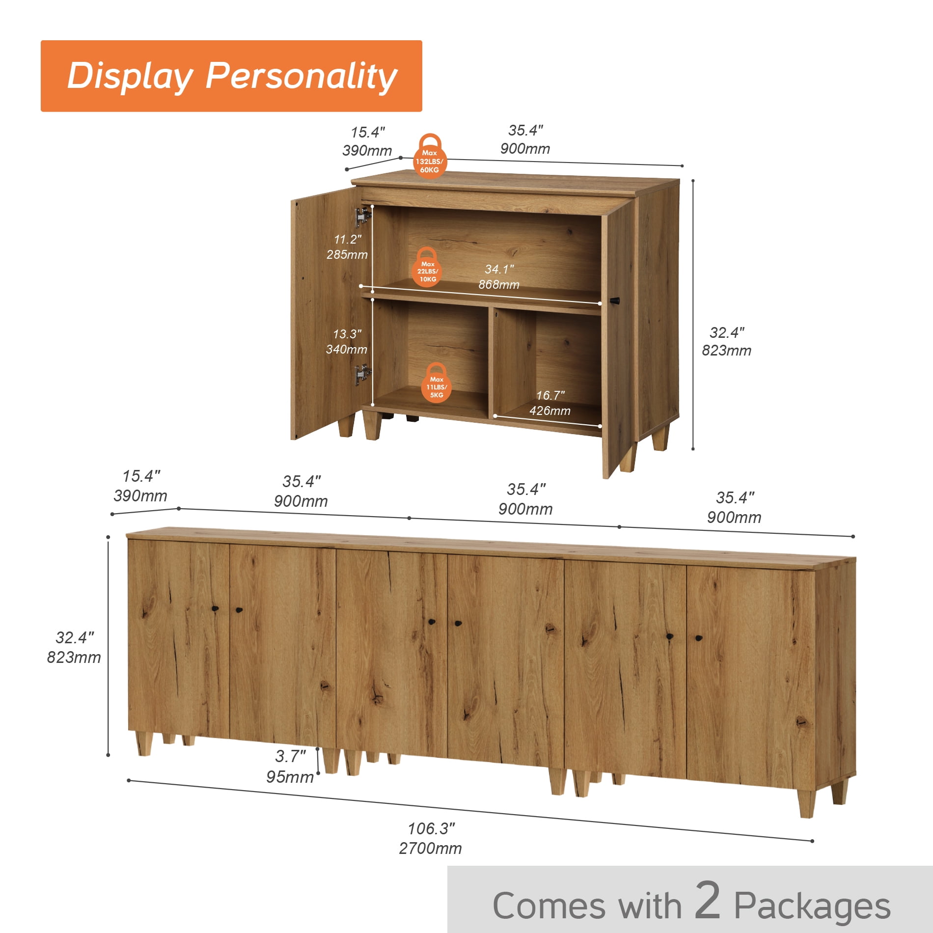 Sideboard Buffet Cabinet with 9 Compartments, 106" Wide, Oak Brown Wood Finish