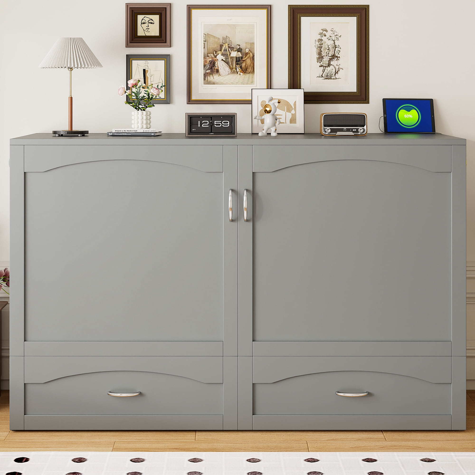 Mintazer Queen Size Murphy Bed with Drawers & Charge Station, Foldable Cabinet Wall Bed for Guest Room Home Office Small Apartment, Gray