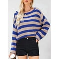 thumbnail image 5 of Women'S Long Sleeve Striped Sweater Oversized Crop Top One Shoulder Loose Fit Casual Baggy Short Pullover Sweater Blue L, 5 of 8