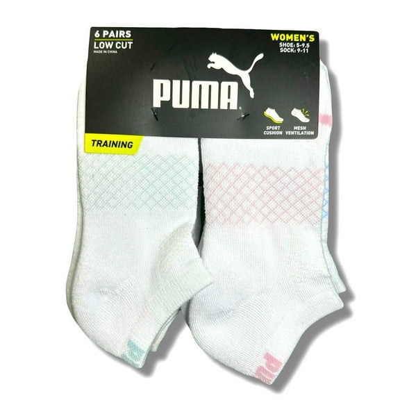 PUMA SOCKS WOMEN'S - LOW CUT 253 - NET - WHITE PINK - SHOE SZ 5-9.5 -PACK 6
