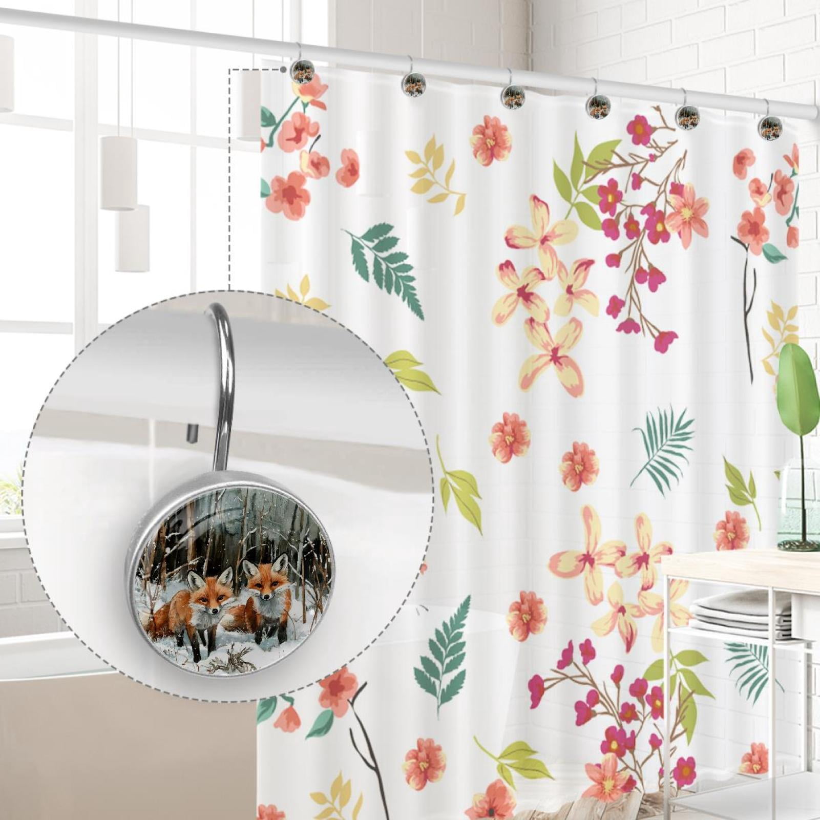 Little Foxes Snow Shower Curtain Hooks Round Crystal Glass, Set of 12 Shower Curtain Rings - Shower Hooks for Curtain Shower Rings