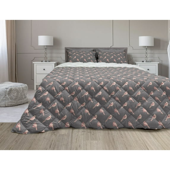 Bird Comforter & Sham Bedding Set, Repetitive Crested Fly Friend Simple Cartoon Illustration Flying Animal, 3 pcs Duvet Set Microfiber Filling Quilt, 5 Sizes, Peach Dried Rose and Grey, by Ambesonne