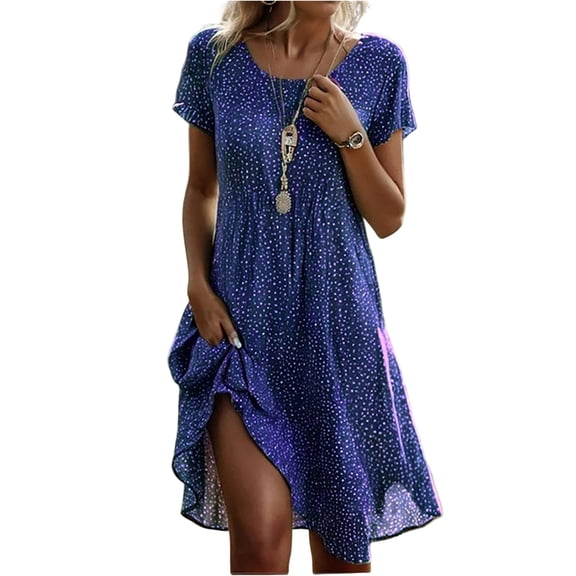 longantii Floral Dress for Women Casual Summer Crew Neck Short Sleeve Flower Short Dress A Line Swing Bohemian Beach Dresses Blue M