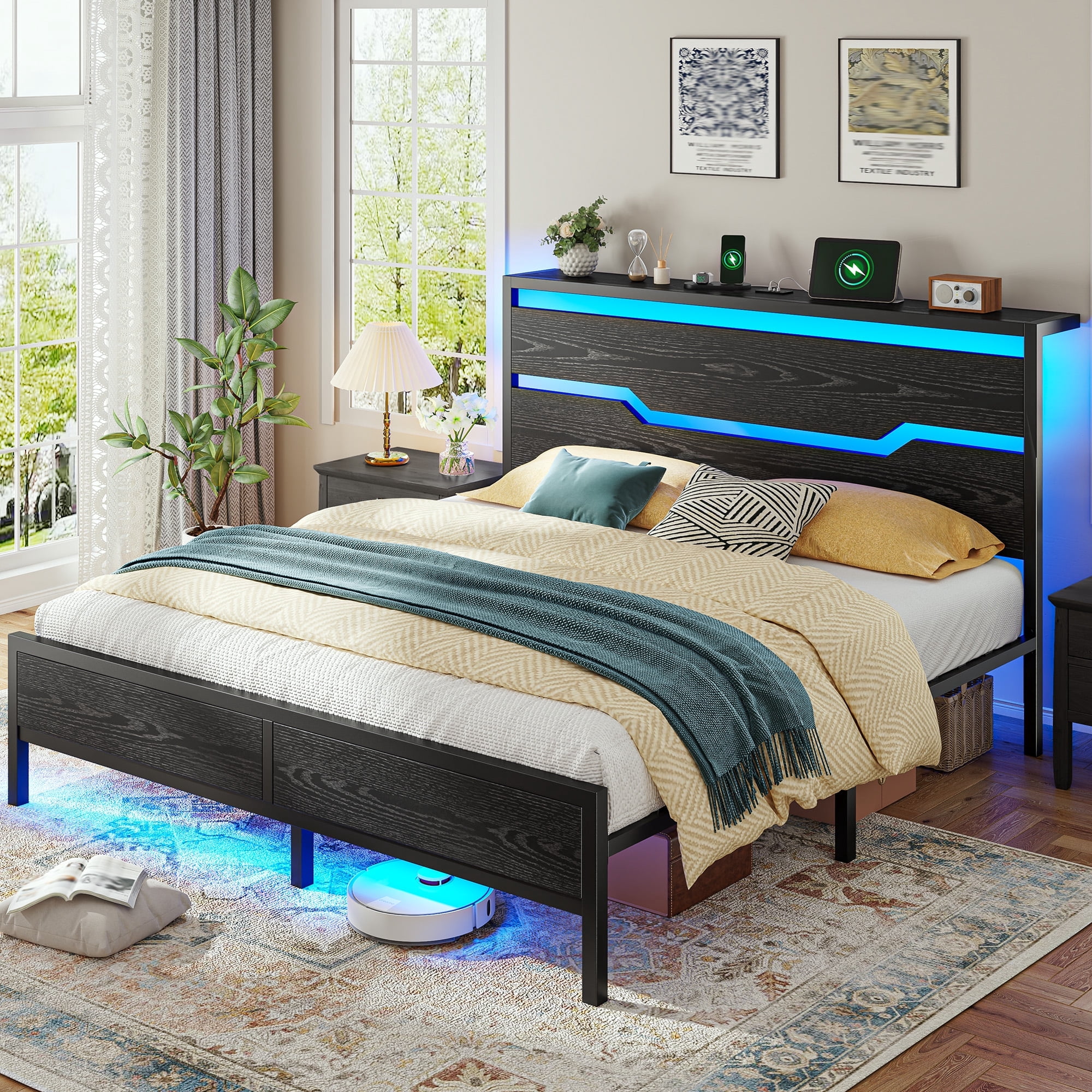 EnHomee Queen Size Metal Bed Frame with Storage Metal Bed Frame with Headboard & Charge Station & LED Lights & 13" Under-Bed Storage, Black