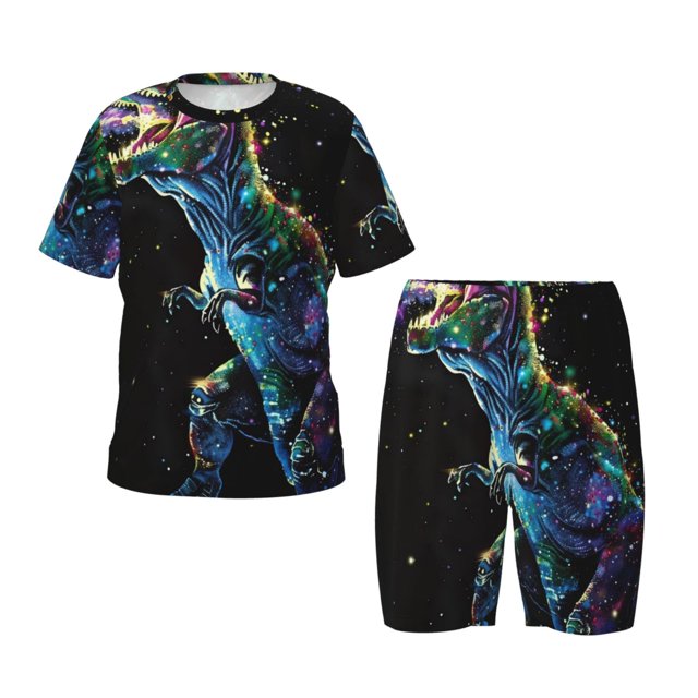 Fotbe colorful flames dinosaur Pijama Estampada de 2 Piezas para Niños – Ropa de Dormir de Manga Corta Cómoda para Niños y Niñas, Camiseta y Shorts de Algodón-Medium