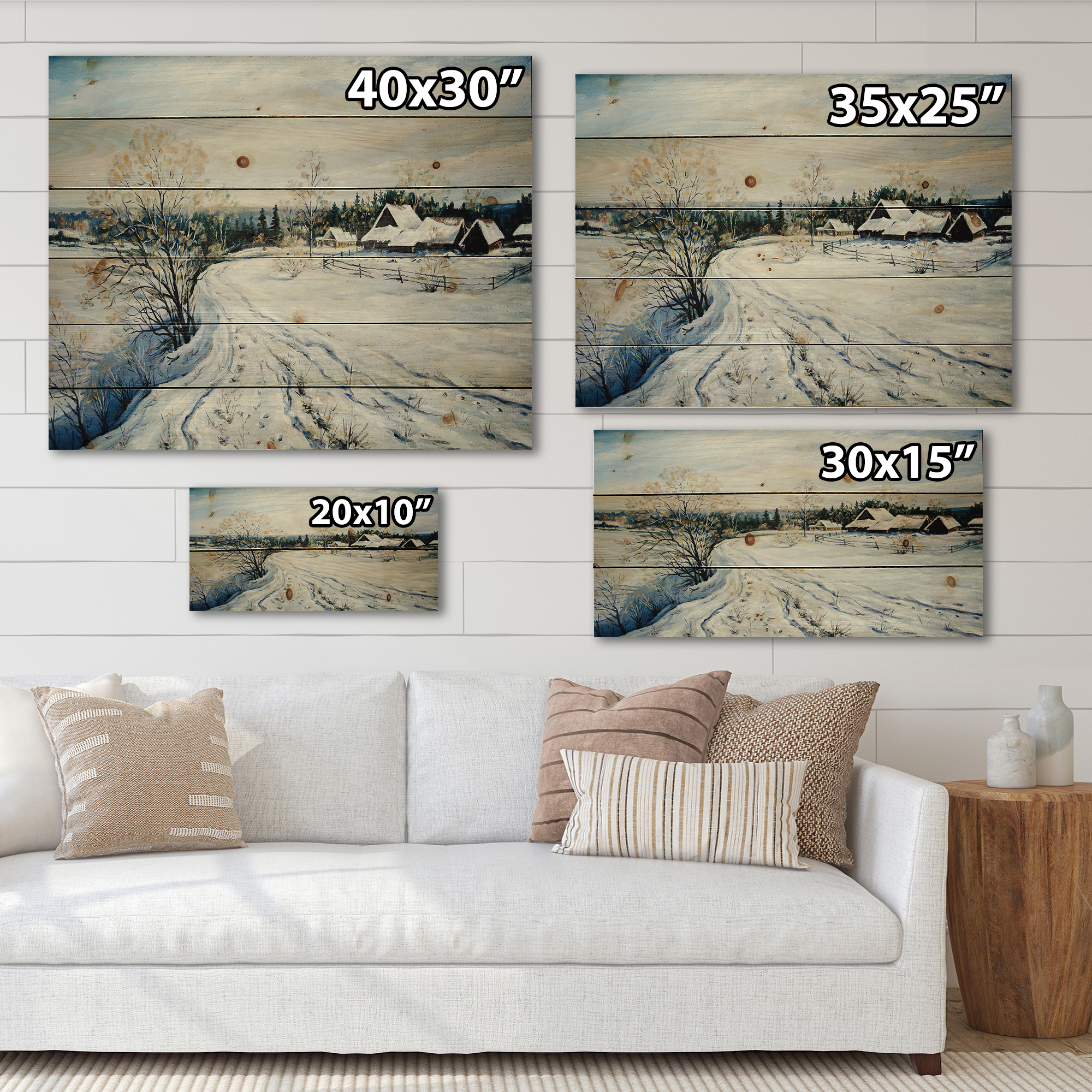 Designart 'Country Road In Winter Times Landscape II' Traditional Print on Natural Pine Wood
